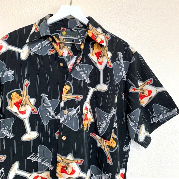 Vintage Black Pin Up Martini Glass Button Up Shirt - Picture 2 of 10